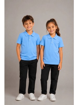 Fevien Unisex Kız Erkek Çocuk Lila Polo Yaka Düğmeli Kısa Kollu Pamuklu Basic Tişört Günlük Okul Rahat Kesim T-Shirt