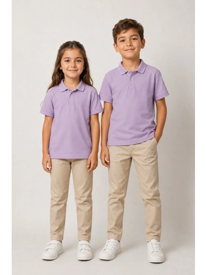 Fevien Unisex Kız Erkek Çocuk Lila Polo Yaka Düğmeli Kısa Kollu Pamuklu Basic Tişört Günlük Okul Rahat Kesim T-Shirt
