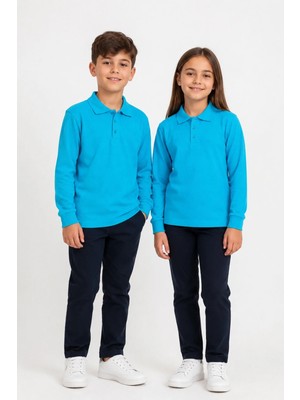 Fevien Unisex Çocuk Gri Melanj Uzun Kollu Polo Yaka Düz Renk Basic Tişört - Rahat Pamuklu Kumaş Günlük ve Okul Kullanımına Uygun