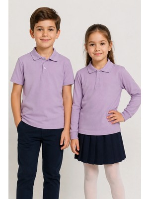 Fevien Çocuk Unisex Lila Renk 2'li Set Pamuklu Polo Yaka Düğmeli Tişört - Hem Uzun Hem Kısa Kollu Okul ve Günlük Giyim Rahat Kalıp Basic T-Shirt