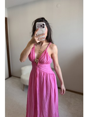 Pembe Deniz Kabuk Detaylı Midi Elbise