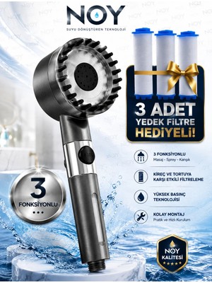 NOY Filtreli Duş Başlığı Yedek Filtre Hediyeli (3 Adet) Klor ve Kireç Önleyici, Yüksek Basınçlı