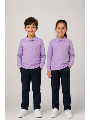 Fevien Unisex Çocuk Gri Melanj Uzun Kollu Polo Yaka Düz Renk Basic Tişört - Rahat Pamuklu Kumaş Günlük ve Okul Kullanımına Uygun