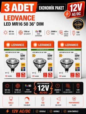 Avarson (3 Adet) Ledvance 12V Ac/dc 6.1W (50W) 3000K (Sarı Işık) Dim Edilebilir Gu5.3 Duylu LED Çanak Ampul