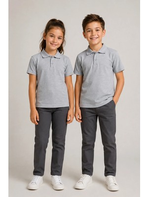 Fevien Unisex Kız Erkek Çocuk Lila Polo Yaka Düğmeli Kısa Kollu Pamuklu Basic Tişört Günlük Okul Rahat Kesim T-Shirt