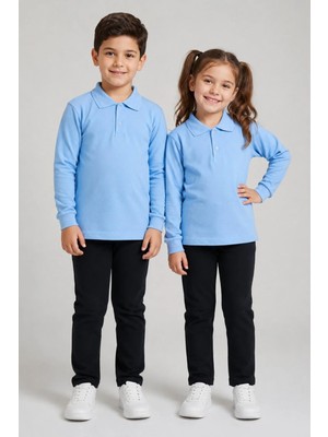 Fevien Unisex Çocuk Gri Melanj Uzun Kollu Polo Yaka Düz Renk Basic Tişört - Rahat Pamuklu Kumaş Günlük ve Okul Kullanımına Uygun