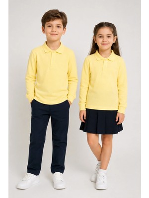 Fevien Unisex Çocuk Gri Melanj Uzun Kollu Polo Yaka Düz Renk Basic Tişört - Rahat Pamuklu Kumaş Günlük ve Okul Kullanımına Uygun