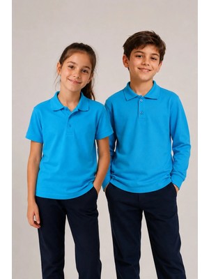 Fevien Çocuk Unisex Lila Renk 2'li Set Pamuklu Polo Yaka Düğmeli Tişört - Hem Uzun Hem Kısa Kollu Okul ve Günlük Giyim Rahat Kalıp Basic T-Shirt