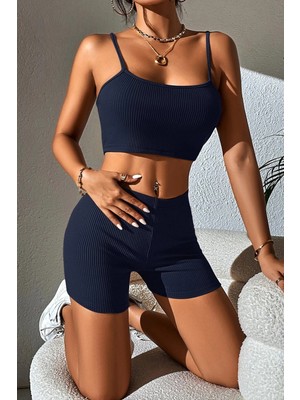 Kadın Lacivert Şortlu Kaşkorse Gecelik Takım H110533