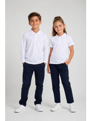 Fevien Unisex Çocuk Gri Melanj Uzun Kollu Polo Yaka Düz Renk Basic Tişört - Rahat Pamuklu Kumaş Günlük ve Okul Kullanımına Uygun