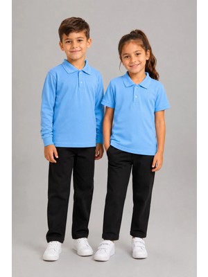 Fevien Çocuk Unisex Lila Renk 2'li Set Pamuklu Polo Yaka Düğmeli Tişört - Hem Uzun Hem Kısa Kollu Okul ve Günlük Giyim Rahat Kalıp Basic T-Shirt