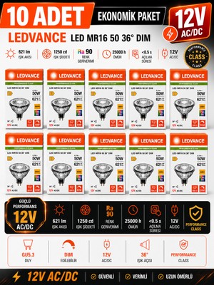 Avarson (10 Adet) Ledvance 12V Ac/dc 6.1W (50W) 3000K (Sarı Işık) Dim Edilebilir Gu5.3 Duylu LED Çanak Ampul