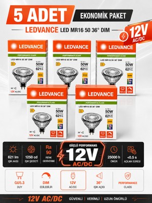 Avarson (5 Adet) Ledvance 12V Ac/dc 6.1W (50W) 3000K (Sarı Işık) Dim Edilebilir Gu5.3 Duylu LED Çanak Ampul