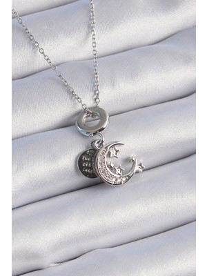 Uravas Store 316L Çelik Gümüş Renk Zirkon Taşlı Ay Yıldız Figür Charm Model Kadın Kolye