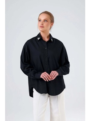 Minaaise Siyah Yakası Incili Poplin Oversize Gömlek 27200