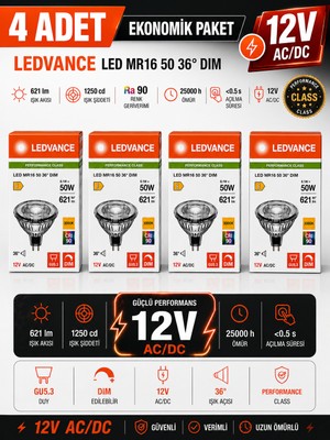 Avarson (4 Adet) Ledvance 12V Ac/dc 6.1W (50W) 3000K (Sarı Işık) Dim Edilebilir Gu5.3 Duylu LED Çanak Ampul