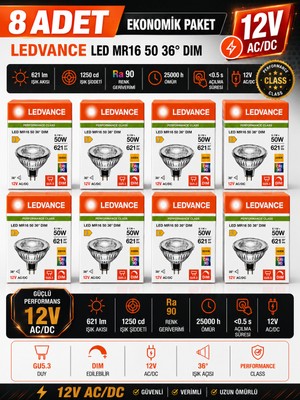 Avarson (8 Adet) Ledvance 12V Ac/dc 6.1W (50W) 3000K (Sarı Işık) Dim Edilebilir Gu5.3 Duylu LED Çanak Ampul