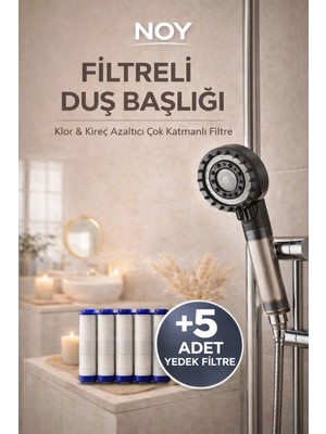 NOY Filtreli Duş Başlığı 5 Yedek Filtre ile | Su Arıtmalı, Klor ve Kireç Önleyici, Yüksek Basınçlı