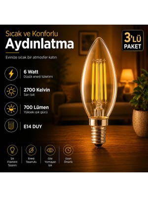 Repplam Horoz 6 Watt Sarı Işık E14 Duylu Rustik Ampul 700 Lümen Avize Ampulü İnce Duylu Mum Ampul