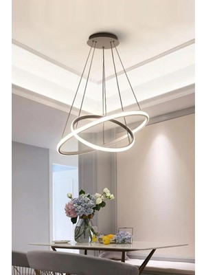 OEM Rings Modern Tasarım - Yatak Odası - Salon - Çocuk Odası - Mutfak Beyaz LED 2 Li Avize (Gri)