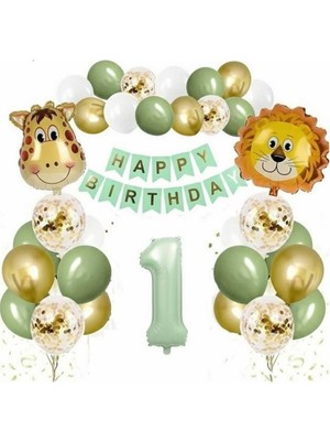 OEM Safari Temalı 1 Yaş Doğum Günü Balon Seti, Aslan Zürafa Folyo Balon, Rakam Balon, Happy Birthday Pankartı