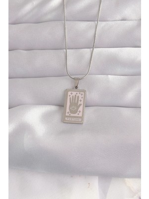 Aslanoğlu Store Mey Ithalat® 316L Çelik Gümüş Renk Pembe Mineli El Figür Tarot Kolye