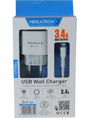 Megatech Cc-03 (MT-CL34) 3.4A Lightning USB Kablo + Ev Şarj Adaptörü Hızlı Şarj (Kdo)