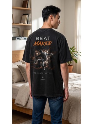 Lumora Store %100 Pamuk Beat Maker Dansçı Sırt Baskılı Unisex Oversize Tişört Siyah