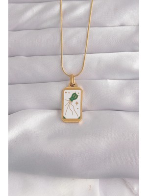 Aslanoğlu Store Mey Ithalat® 316L Çelik Gold Renk Beyaz Mineli Tarot Kolye