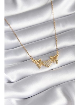 Aslanoğlu Store Mey Ithalat® 316L Çelik Gold Renk Zirkon Taşlı Kanatlı Kalp Model Kadın Kolye