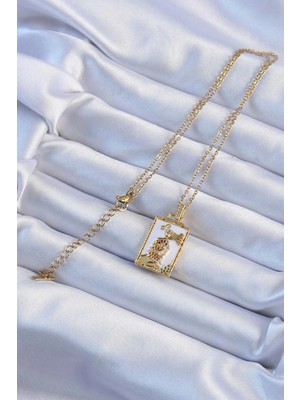 Aslanoğlu Store Mey Ithalat® 316L Çelik Zincir Altın Renk Beyaz Mineli Tarot Kolye