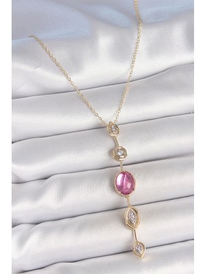 Aslanoğlu Store Mey Ithalat® Pirinç Zincir Gold Renk Pembe Zirkon Taşlı Y Kolye