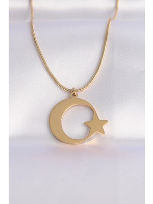 Aslanoğlu Store Mey Ithalat® 316L Çelik Zincir Gold Renk Ay Yıldız Unisex Kolye