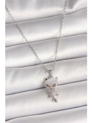 Aslanoğlu Store Mey Ithalat® 316L Çelik Gümüş Renk Zincir Zirkon Taşlı Kedi Model Kadın Kolye