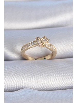 Aslanoğlu Store Mey Ithalat® Pirinç Gold Renk Zirkon Taşlı Düğüm Model Kadın Yüzük
