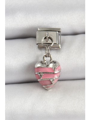 Aslanoğlu Store Mey Ithalat® 316L Çelik Gümüş Renk Pembe Kalp Model Nomination Charm
