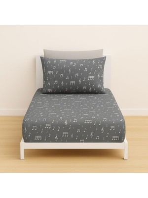 OEM Tek Kişilik Nota Desen Lastikli Çarşaf ve Yastık Kılıfı Seti, 120 x 200 Cm, Antrasit