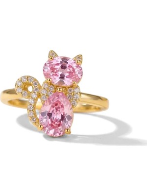 Fashion Pembe Zirkon Taşlı Kedi Figürlü Ayarlanabilir Kadın Yüzük