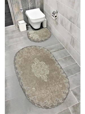 OEM Milas Kaymaz Taban, Kadife Dantel Detaylı 2'li Süper Lüks Oval Banyo Paspası Seti, Koyu Kahverengi