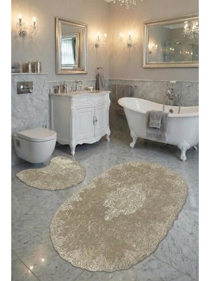 OEM Milas Kaymaz Taban, Kadife Dantel Detaylı 2'li Süper Lüks Oval Banyo Paspası Seti, Kahverengi, 60X100 cm