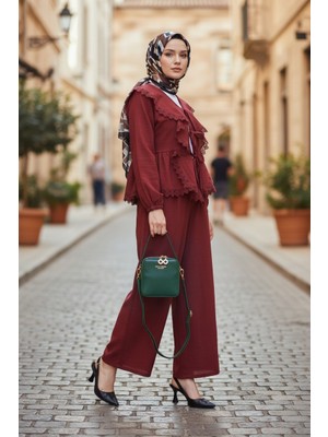 Stil Kuşağı Kadın Bordo Önü Bağlamalı Çilek Kumaş İkili Takım Pantolon