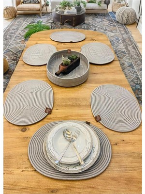 OEM Supla Takımı, 7-Li Doğal Jüt, Desenli, Hasır, Amerikan Servis Takımı, Tabak Altlığı, Ekmek Sepetli Gri