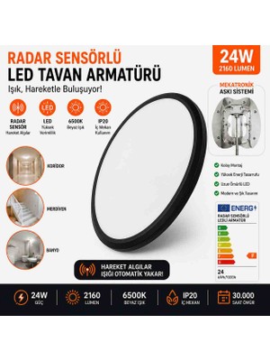 Formzen 24W Radar Sensörlü LED Tavan Armatürü 2160 Lümen 6500K Beyaz Işık | 5 Metre Algılama | 180° Sensör | Otomatik LED Armatür | IP20
