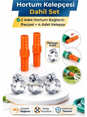 OEM 1/2 Bahçe Hortumu Bağlantı ve Onarım Seti, 2 Adet Ekleme Aparatı ve 4 Adet Kelepçe Dahil, Dayanıklı Sulama Adaptörü