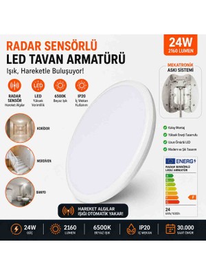 Formzen 24W Radar Sensörlü LED Tavan Armatürü 2160 Lümen 6500K Beyaz Işık | 5 Metre Algılama | 180° Sensör | Otomatik LED Armatür | IP20