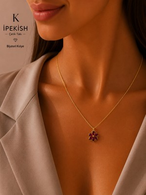 Ipekish Gold Renk Mor Taşlı Çiçek Figürlü Bijuteri Kolye | Ayarlanabilir Zincir | Kadın Kolye