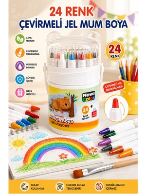 ArtMaster Çevirmeli Jel Mum Boya 24 Renk 1 Adet Nova Color Plastik Kutulu 24 Lü Mum Boya Kalemi Silinebilir Zararsız Yıkanabilir