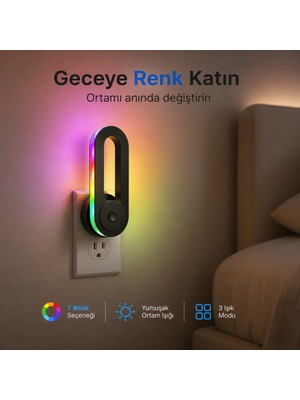 Ayers Premium 7 Renkli LED Gece Işığı, Priz Tipi Rgb Ortam Aydınlatması, Dokunmatik Kontrollü Gece Lambası, 3 Aydınlatma Modlu, Dinamik Rgb Geçiş Efektli ve Sabit Renk Işıklı, Otomatik Aç/kapat Özellikli,