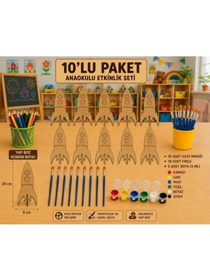 Wood Story Woodstory 10'lu Ahşap Uzay Roketi Boyama Seti | Anaokulu Etkinlik Kiti | Çocuk Boyama ve Yapboz Etkinlik Seti | 10 Fırça ve 5 Adet 6 Renk Akrilik Boya Dahil
