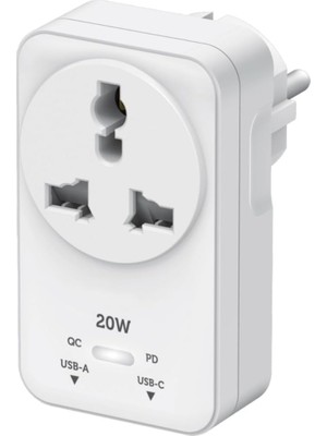 OEM Hızlı Şarj Özellikli, Akım Korumalı 20W Pd Hızlı Şarjlı Universal Priz Dönüştürücü, 2500W Akım Korumalı, Usb-C ve Usb-A Çıkışlı, Tüm Ülke Fişleri Uyumlu (Beyaz)